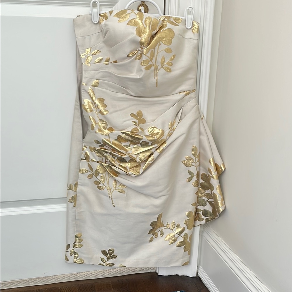 Elegant Strapless Ruched Dress with Gold Floral Design